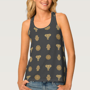 Golden Mandala Elephant Hamsa Hand -Boho Art Print Tank Top