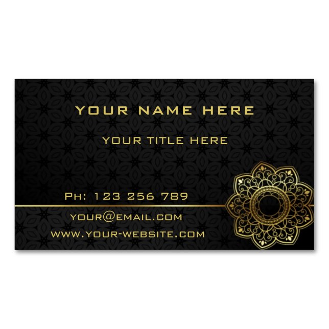 Golden Mandala Flower Gold Text Black Professional Business Card Magnet (Front)