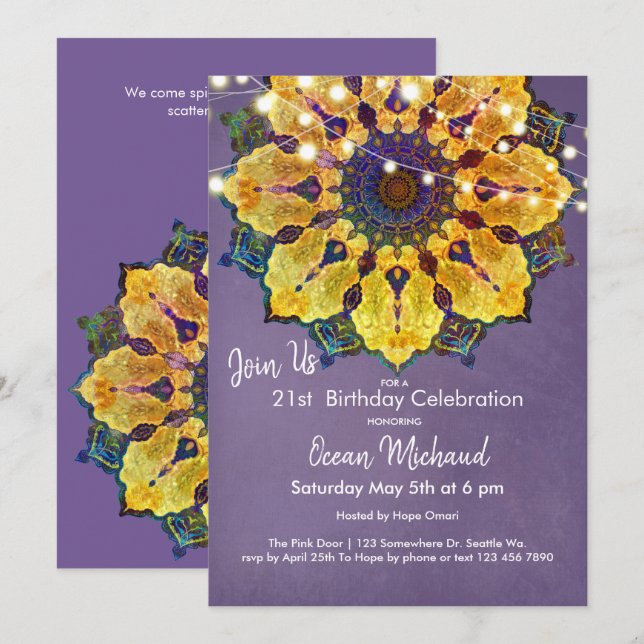 Golden Mandala | Modern Mandala Meditation, Purple Invitation (Front/Back)