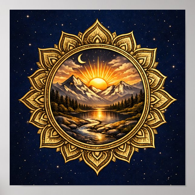 Golden Mandala Mountain Sunset Cosmic Boho Nature Poster (Front)