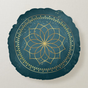 Golden Mandala on Teal  Round Pillow