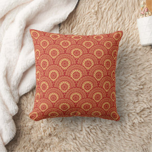 Golden mandala waves on red background throw pillow