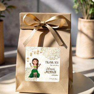 Golden mandala with cute Indian bride personalized Square Sticker