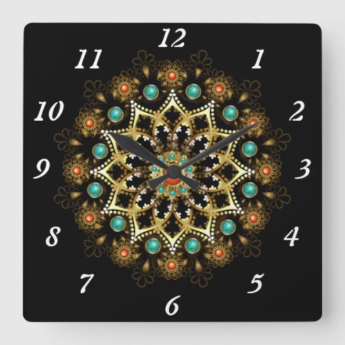 Golden Mandala with Turquoise Stones Square Wall Clock