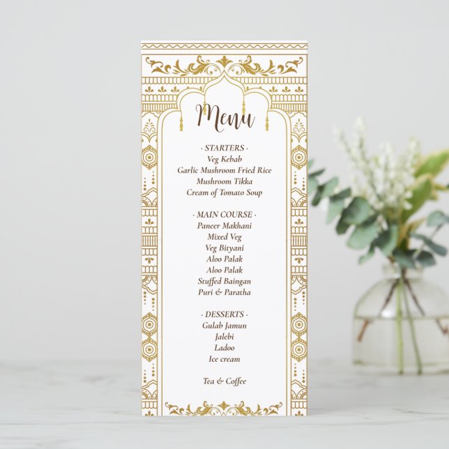 Golden Mandap Border Indian wedding menu (Standing Front)