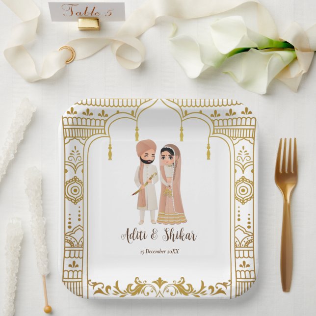Golden mandap Indian border design Square  Paper Plates (Wedding)
