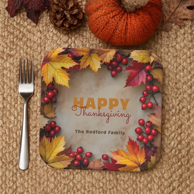 Golden Maple Leaves and Red Berries Thanksgiving  Paper Plates (Creator Uploaded)