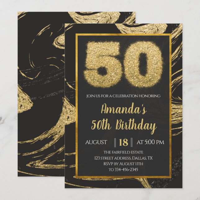 Golden Marble 50th Birthday Invitation (Front/Back)