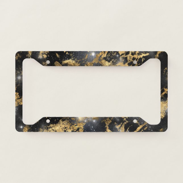 Golden Marble Dark Starry Night Space Lover Galaxy License Plate Frame (Front)