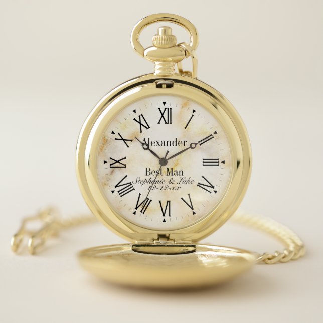 Golden Marble Monogrammed Best Man Wedding Party Pocket Watch (Inside)