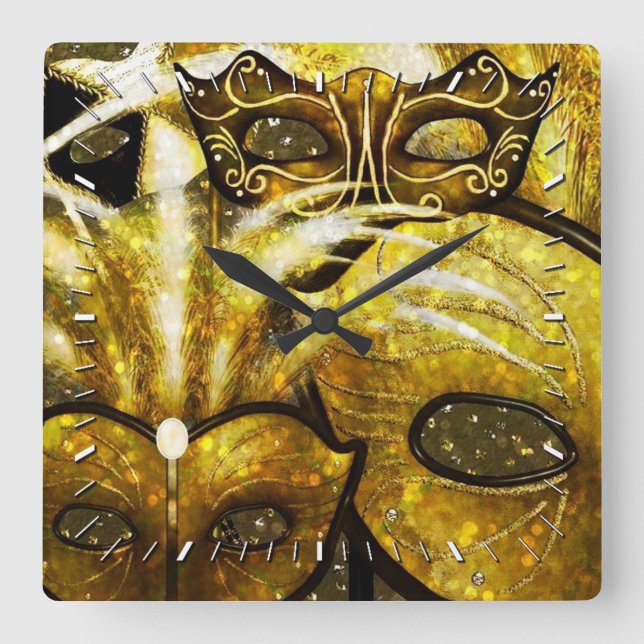 Golden Mardi Gras Masks Wall Clock (Front)