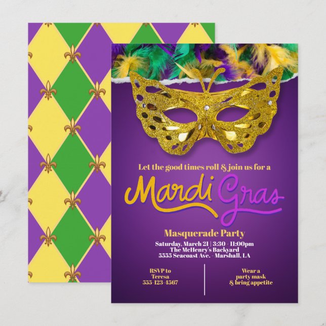 Golden Mardi Gras Masquerade Celebration Invitation (Front/Back)
