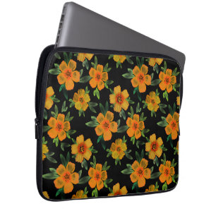 Golden Marigold Bloom on Black Laptop Sleeve