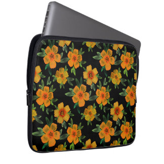 Golden Marigold Bloom on Black  Laptop Sleeve