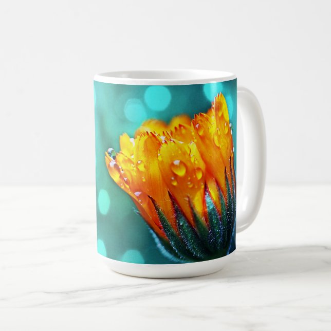 Golden Marigold on Teal Bokeh Coffee Mug (Front Right)