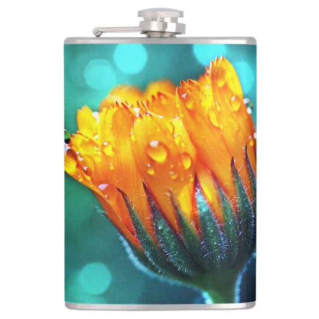 Golden Marigold on Teal Bokeh  Flask (Front)