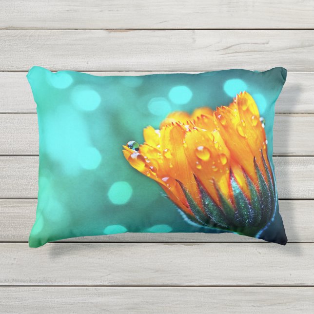 Golden Marigold on Teal Bokeh Outdoor Pillow (Front)