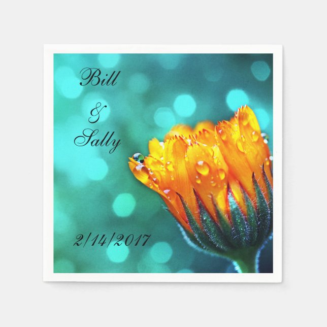 Golden Marigold on Teal Bokeh Paper Napkins (Front)