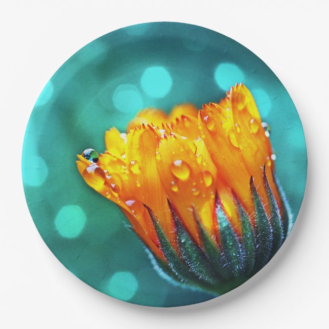 Golden Marigold on Teal Bokeh Paper Plates (Front)