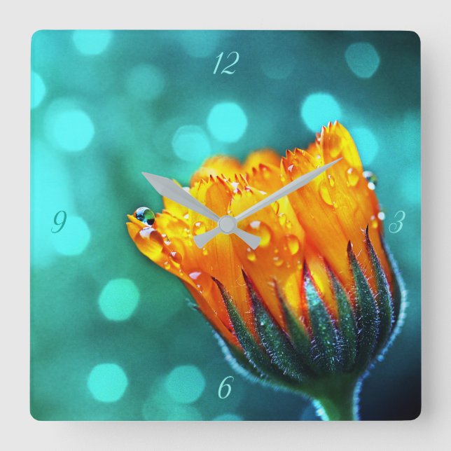 Golden Marigold on Teal Bokeh Square Wall Clock (Front)