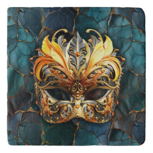 Golden Mask on Teal-Blue Marble Trivet