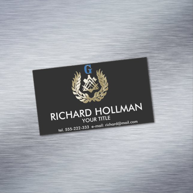 Golden masonry symbol business card magnet (In Situ)