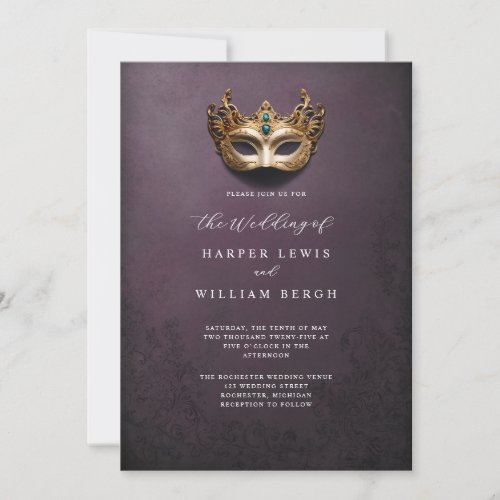 Golden masquerade mask wedding invitation
