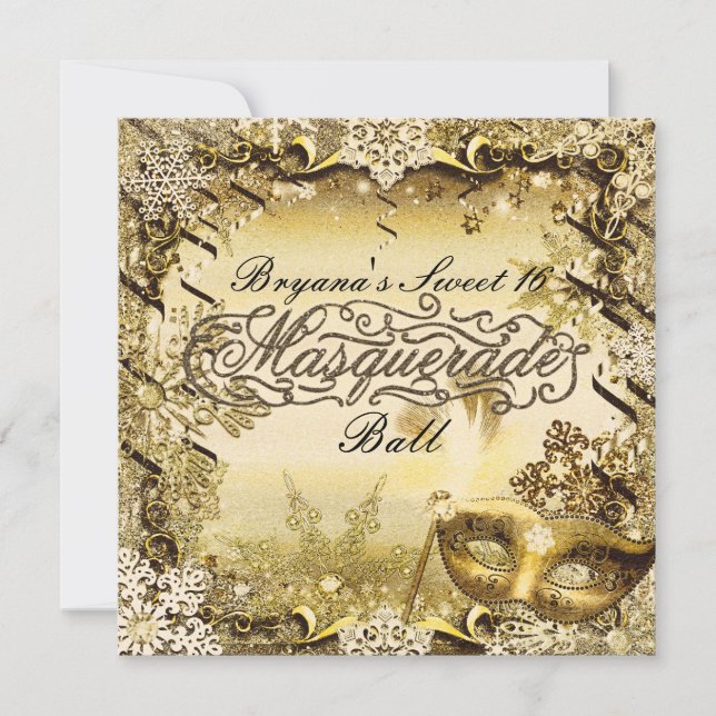 Golden Masquerade Mask & Winter Snowflakes Elegant Invitation (Front)