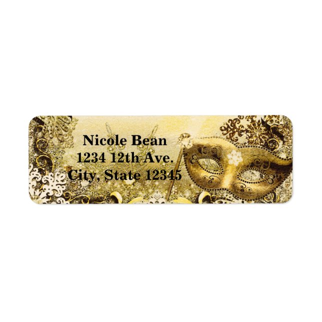 Golden Masquerade Mask & Winter Snowflakes Elegant Label (Front)