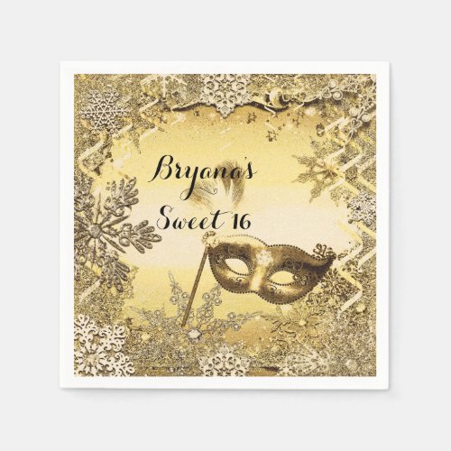 Golden Masquerade Mask  Winter Snowflakes Elegant Napkins