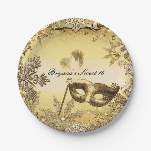 Golden Masquerade Mask  Winter Snowflakes Elegant Paper Plates