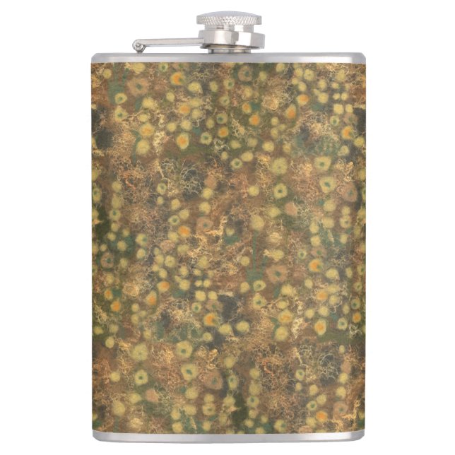 Golden Meadow, abstract floral pattern olive green Flask (Front)
