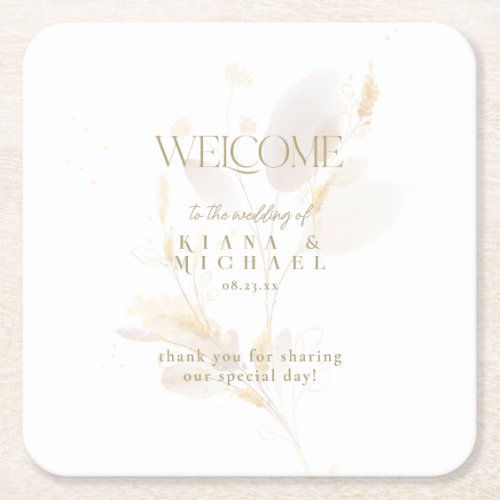 Golden Meadow Watercolor Wedding Welcome ID989 Square Paper Coaster