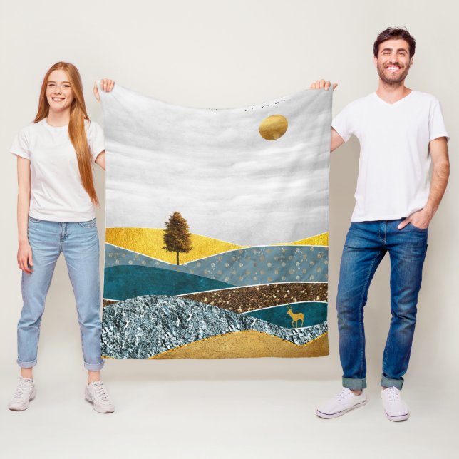 Golden Meadow with Tree and Deer Fleece Blanket (In Situ)