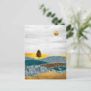 Golden Meadow with Tree and Deer Postcard