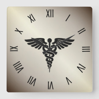 Golden Medical Caduceus w Black numbers Square Wall Clock