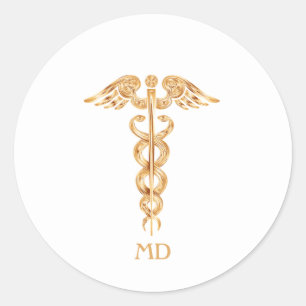 Golden Medical Doctor Caduceus Classic Round Sticker
