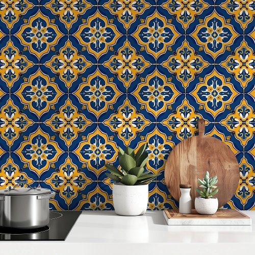 Golden Mediterranean Blue  Yellow Azulejo Tiles Wallpaper