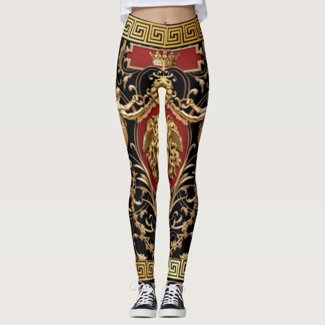 Golden Medusa and Seraphs Black, Gold and Red  Leggings (Front)
