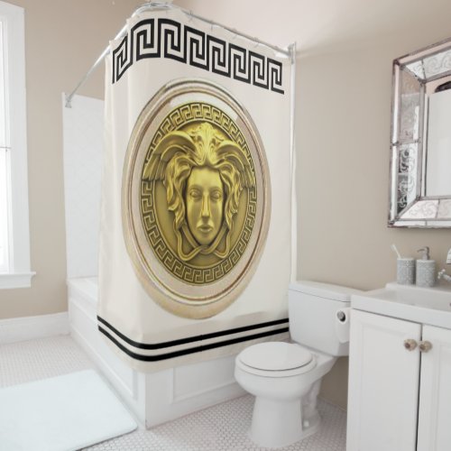 Golden Medusa  Gorgon Greek Key Beige and Black Shower Curtain