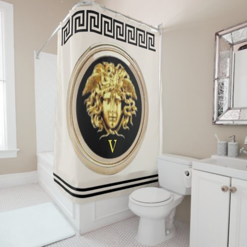 Golden Medusa  Greek Key Beige and Black Victory Shower Curtain