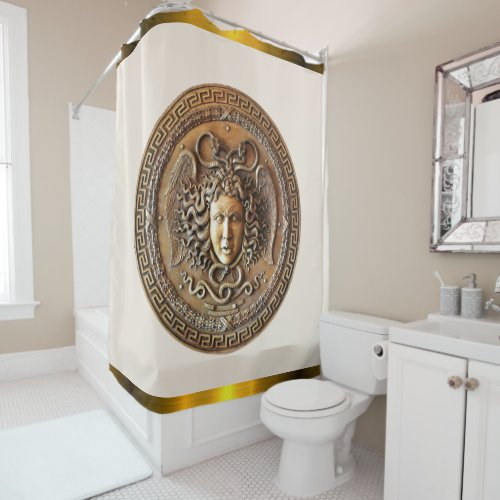 Golden Medusa  Greek Key Beige and Black Victory Shower Curtain