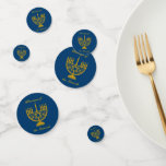 Golden Menorah Confetti<br><div class="desc">Pack of 60 small, medium and larges pieces of confetti with an image, on both sides, of a golden menorah and optional text on royal blue. See matching invitation, label, square sticker, custom-cut vinyl sticker and wrapping paper. See the entire Hanukkah Confetti collection under the HOME category in the HOLIDAYS...</div>