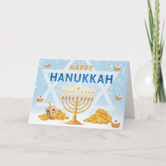 Golden Menorah Hanukkah Blessings Greeting Card (Front)