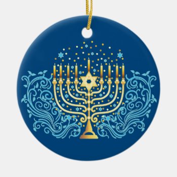 Golden Menorah Hanukkah Greeting Festival Of Light Ceramic Ornament by AnnArtshock at Zazzle