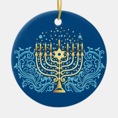 Golden menorah Hanukkah greeting festival of light Ceramic Ornament