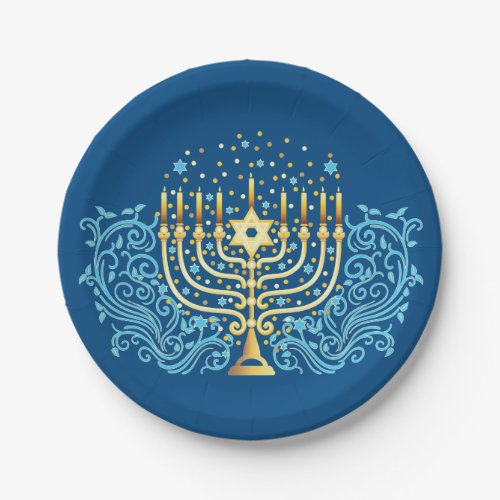 Golden menorah Hanukkah greeting festival of light Paper Plates