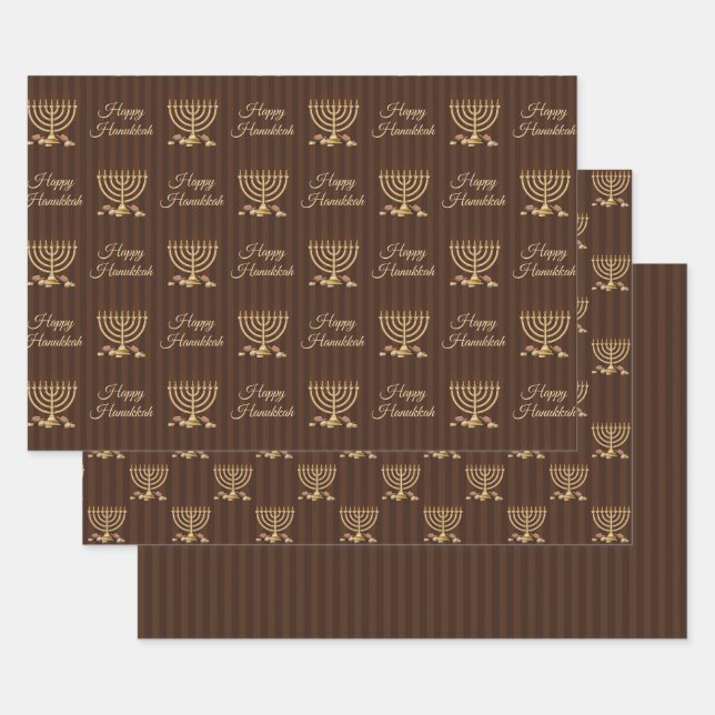 Golden Menorah Hanukkah Stripes Wrapping Paper Sheets (Set)