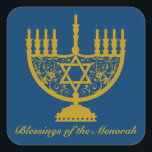 Golden Menorah Sticker<br><div class="desc">Square sticker with an image of a golden menorah and optional text on royal blue. See matching custom-cut vinyl sticker,  invitation,  label,  confetti and wrapping paper. See the entire Hanukkah Sticker collection under the CARDS & STICKERS category in the HOLIDAYS section.</div>