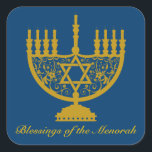 Golden Menorah Sticker<br><div class="desc">Square sticker with an image of a golden menorah and optional text on royal blue. See matching custom-cut vinyl sticker,  invitation,  label,  confetti and wrapping paper. See the entire Hanukkah Sticker collection under the CARDS & STICKERS category in the HOLIDAYS section.</div>